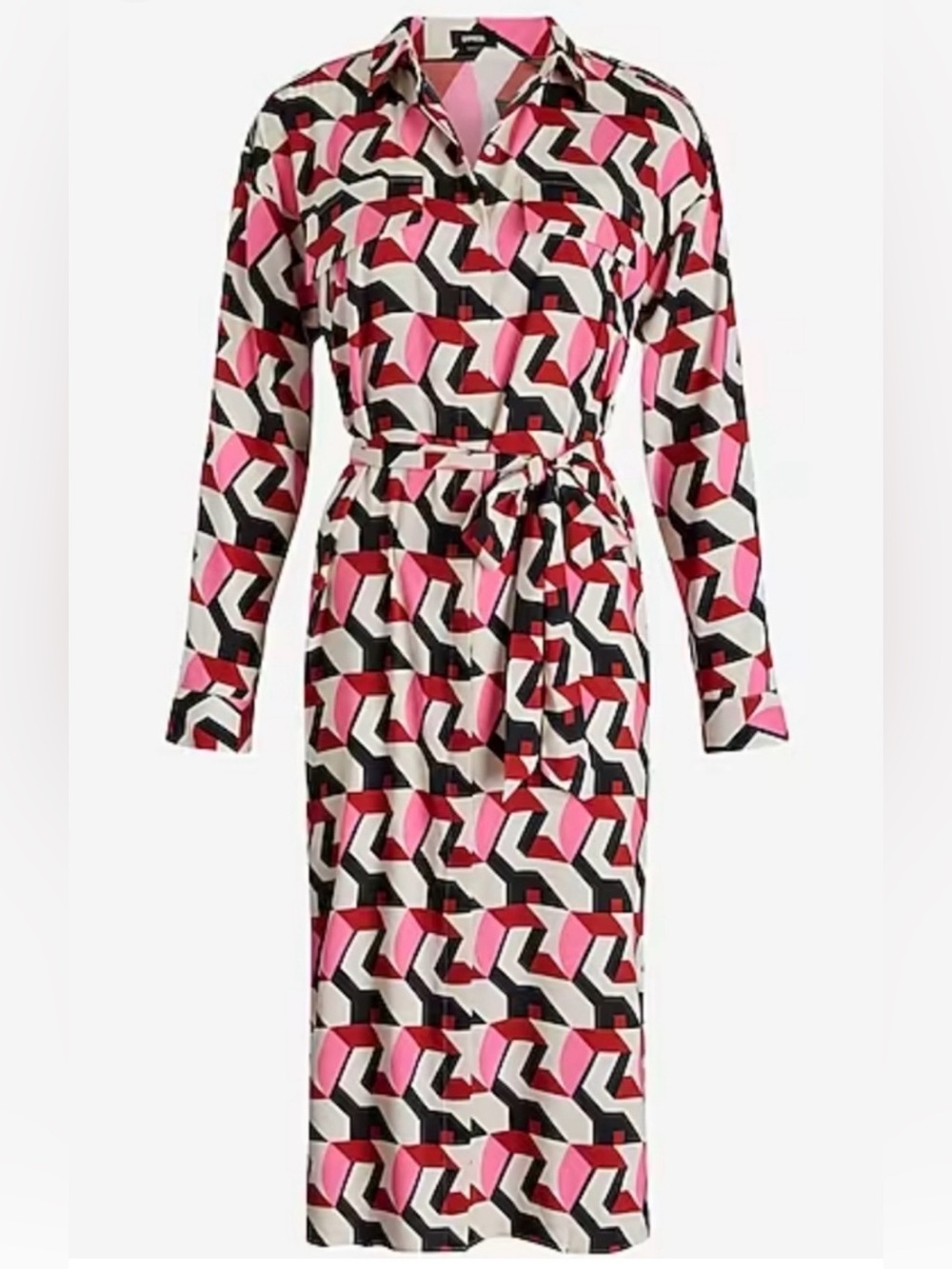 Express Pink Multi Geometric Midi Shirt Dress